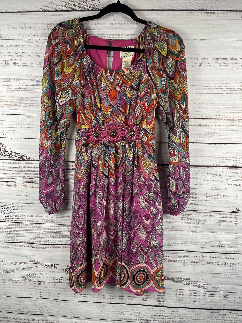 Ice Dress Women's 8 Pink Multicolor Boho Paisley Long Sleeve Embellished Waist